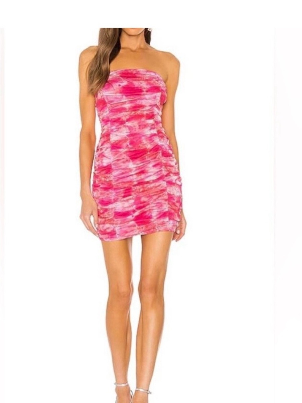 superdown Pink Tie-Dye Strapless Ruched Mini Dress